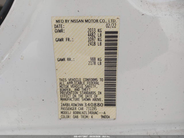 1N4BL4DW3NN340880 Nissan Altima Sv Intelligent Awd