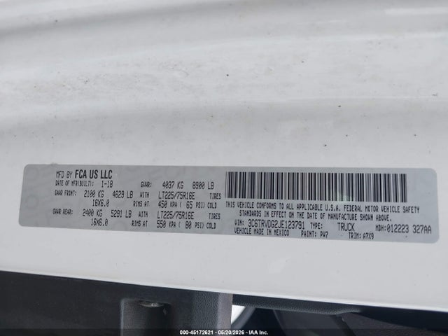 45172621 :رقم المزاد ، 3C6TRVDG2JE123791 vin ، 2018 Ram Promaster 2500 High Roof 159 Wb مزاد بيع