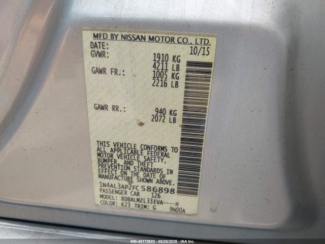 Aukcja sprzedaży 2015 Nissan Altima 2.5 Sv, vin: 1N4AL3AP2FC586898, numer aukcji: 45172622