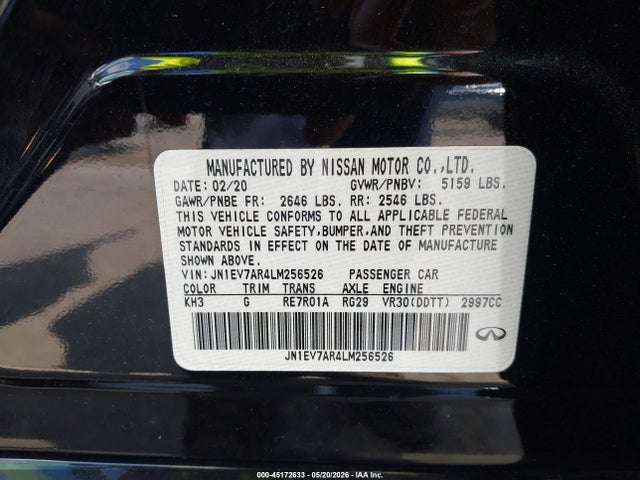 2020 Infiniti Q50 Luxe Awd მანქანა იყიდება აუქციონზე, vin: JN1EV7AR4LM256526, აუქციონის ნომერი: 45172633