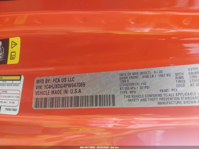 45172656 :رقم المزاد ، 1C4HJXDG4PW647069 vin ، 2023 Jeep Wrangler 4-door High Tide 4x4 مزاد بيع