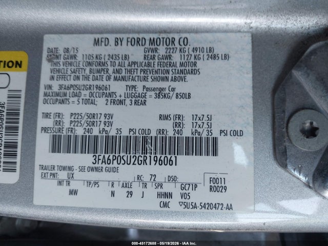 45172688 :رقم المزاد ، 3FA6P0SU2GR196061 vin ، 2016 Ford Fusion Energi Titanium مزاد بيع