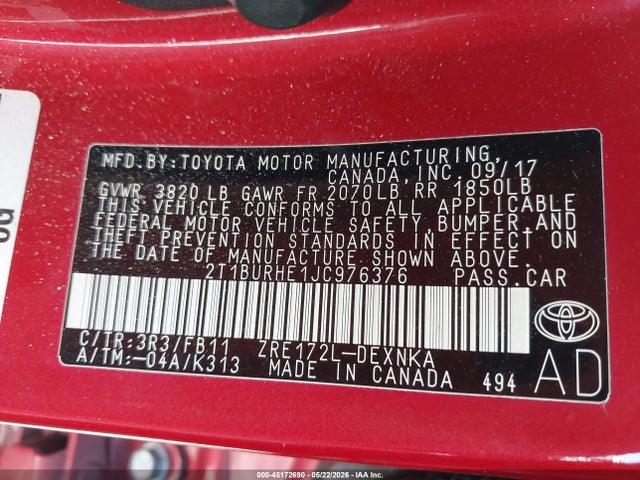 2018 Toyota Corolla Le მანქანა იყიდება აუქციონზე, vin: 2T1BURHE1JC976376, აუქციონის ნომერი: 45172690