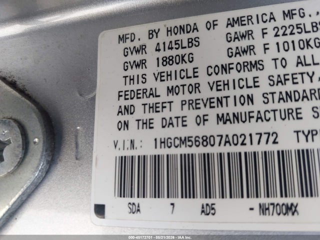 Aukcja sprzedaży 2007 Honda Accord 2.4 Ex, vin: 1HGCM56807A021772, numer aukcji: 45172701