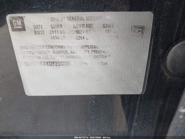 Aukcja sprzedaży 2013 Chevrolet Malibu 1lt, vin: 1G11C5SAXDF230008, numer aukcji: 45172714