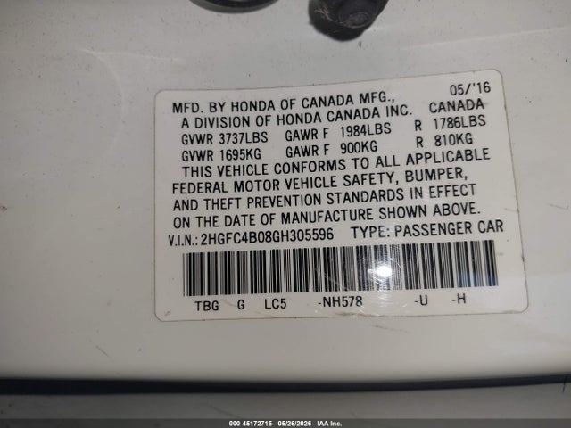 45172715 :رقم المزاد ، 2HGFC4B08GH305596 vin ، 2016 Honda Civic Lx-p مزاد بيع