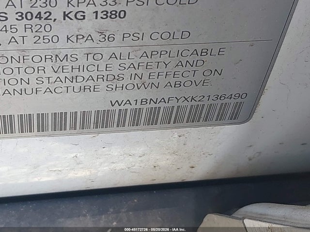45172726 :رقم المزاد ، WA1BNAFYXK2136490 vin ، 2019 Audi Q5 45 Premium مزاد بيع