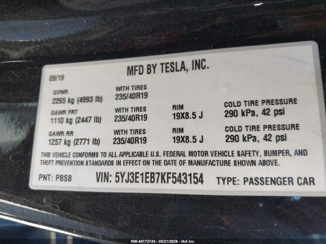 Aukcja sprzedaży 2019 Tesla Model 3 Long Range/performance, vin: 5YJ3E1EB7KF543154, numer aukcji: 45172743