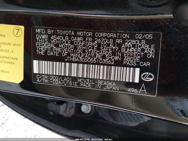 Продаж на аукціоні авто 2005 Lexus Es 330, vin: JTHBA30G055103562, номер лоту: 45172744