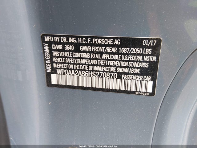 Auction sale of the 2017 Porsche 718 Cayman, vin: WP0AA2A86HS270870, lot number: 45172752