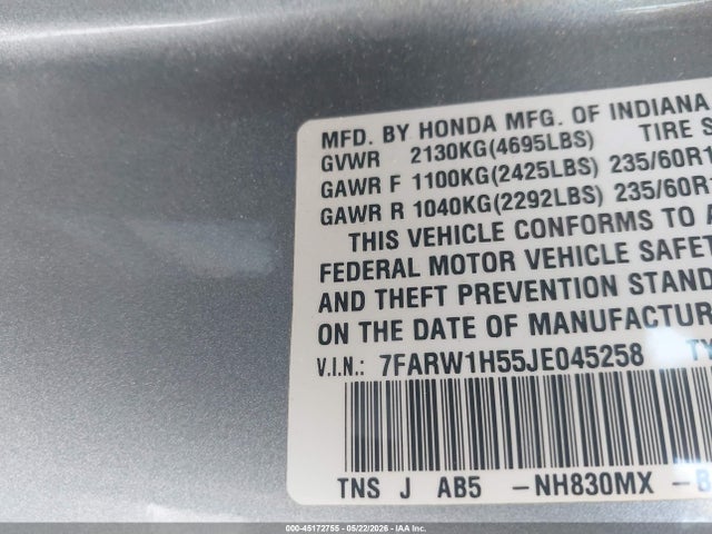 45172755 :رقم المزاد ، 7FARW1H55JE045258 vin ، 2018 Honda Cr-v Ex مزاد بيع