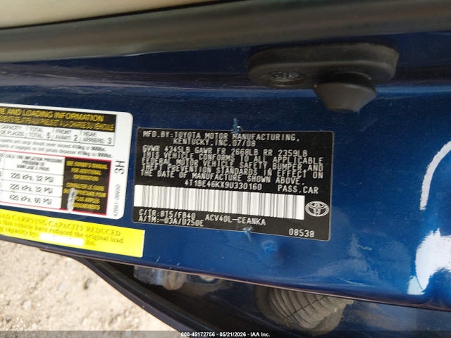 2009 Toyota Camry Le მანქანა იყიდება აუქციონზე, vin: 4T1BE46KX9U330160, აუქციონის ნომერი: 45172756