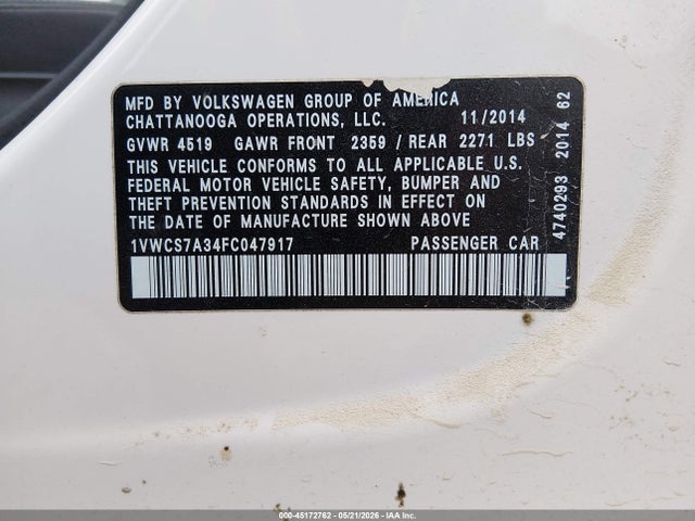 2015 Volkswagen Passat 1.8t Sel Premium მანქანა იყიდება აუქციონზე, vin: 1VWCS7A34FC047917, აუქციონის ნომერი: 45172762