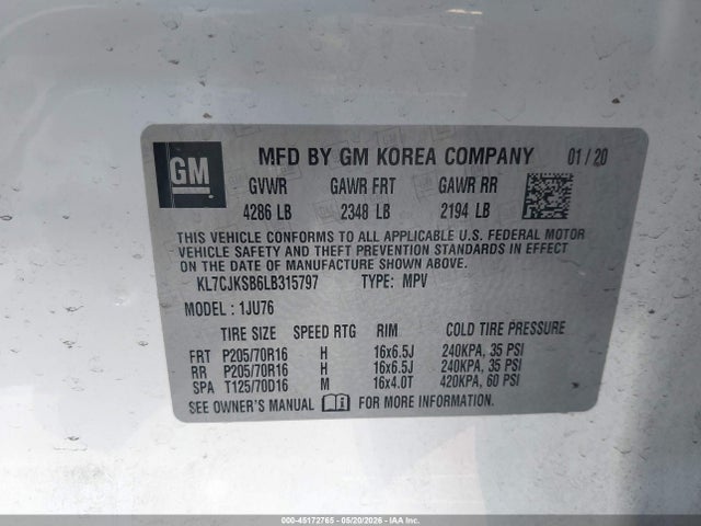 KL7CJKSB6LB315797 Chevrolet Trax Fwd Ls