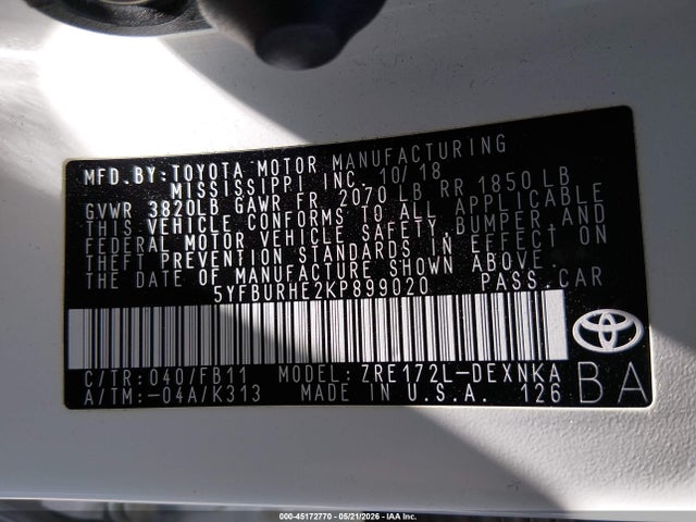 Toyota COROLLA LE 2019 5YFBURHE2KP899020 Image 9