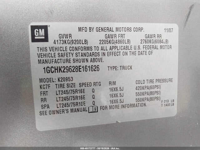 Auction sale of the 2008 Chevrolet Silverado 2500hd Lt1, vin: 1GCHK29628E161626, lot number: 45172777