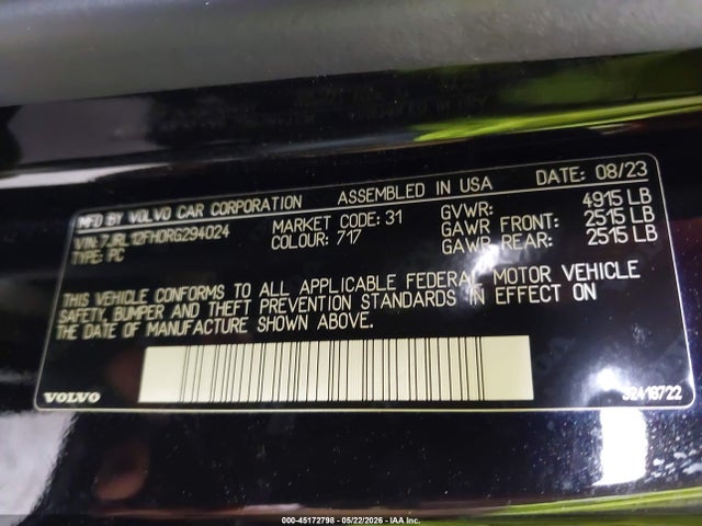 Aukcja sprzedaży 2024 Volvo S60 B5 Plus Black Edition, vin: 7JRL12FH0RG294024, numer aukcji: 45172798