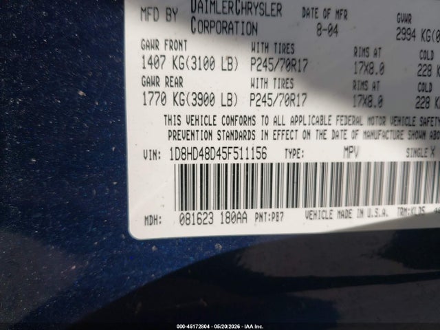 Продажа на аукционе авто 2005 Dodge Durango Slt, vin: 1D8HD48D45F511156, номер лота: 45172804