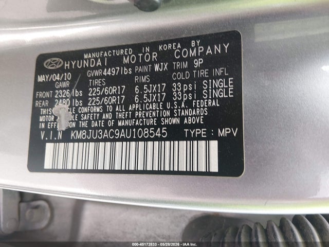 45172833 :رقم المزاد ، KM8JU3AC9AU108545 vin ، 2010 Hyundai Tucson Gls مزاد بيع