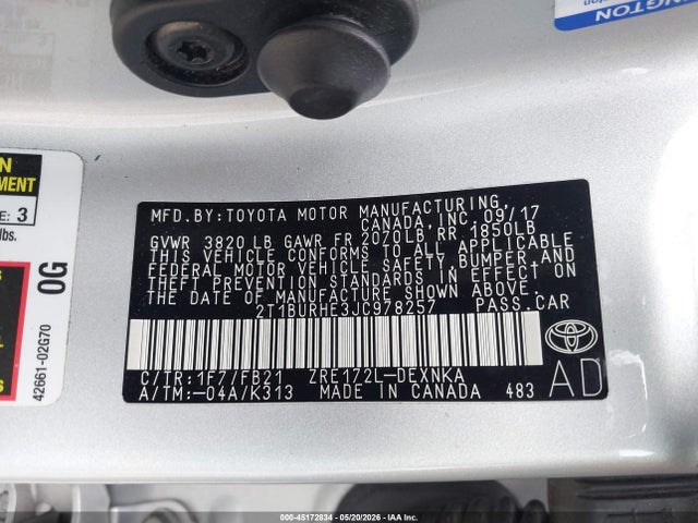 2T1BURHE3JC978257 Toyota COROLLA LE