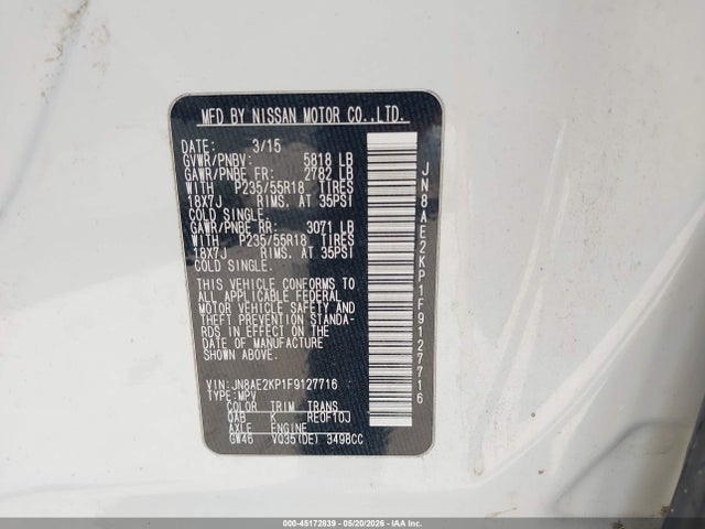 2015 Nissan Quest Platinum მანქანა იყიდება აუქციონზე, vin: JN8AE2KP1F9127716, აუქციონის ნომერი: 45172839