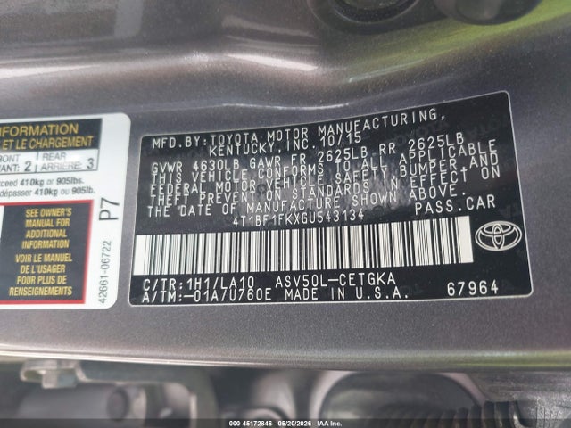 2016 Toyota Camry Xle მანქანა იყიდება აუქციონზე, vin: 4T1BF1FKXGU543134, აუქციონის ნომერი: 45172846