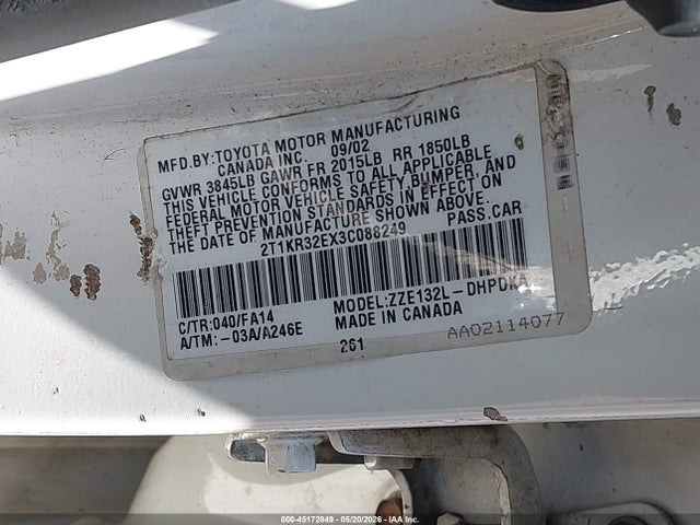 45172849 :رقم المزاد ، 2T1KR32EX3C088249 vin ، 2003 Toyota Matrix Standard مزاد بيع