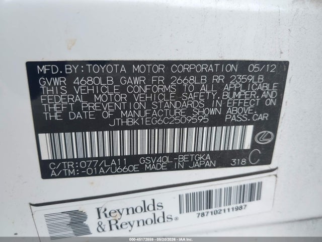 Aukcja sprzedaży 2012 Lexus Es 350, vin: JTHBK1EG6C2509595, numer aukcji: 45172859