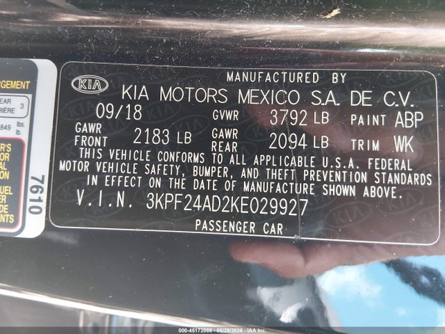 Aukcja sprzedaży 2019 Kia Forte Lxs, vin: 3KPF24AD2KE029927, numer aukcji: 45172866