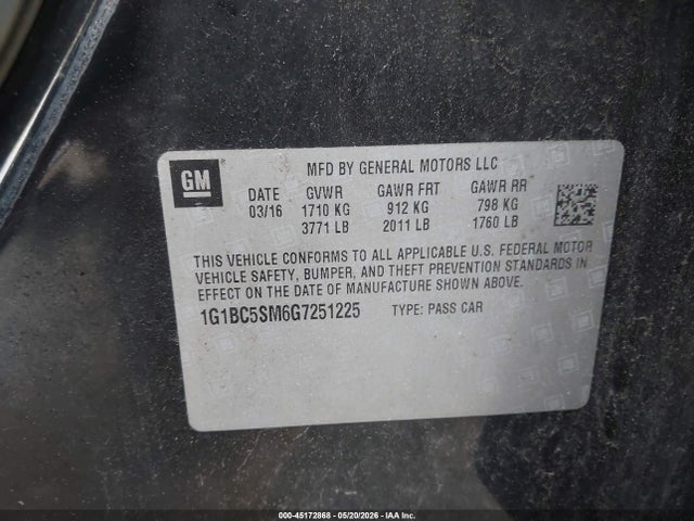 45172868 :رقم المزاد ، 1G1BC5SM6G7251225 vin ، 2016 Chevrolet Cruze Ls Auto مزاد بيع