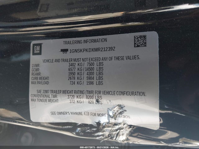 45172873 :رقم المزاد ، 1GNSKPKDXMR212392 vin ، 2021 Chevrolet Tahoe 4wd Z71 مزاد بيع