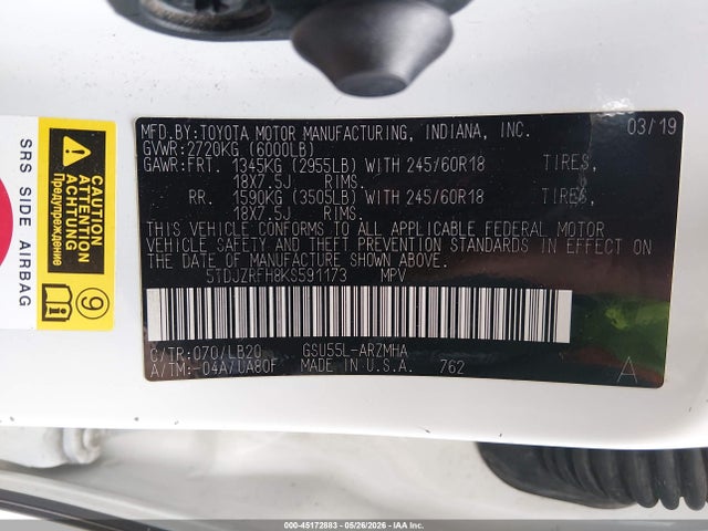 Toyota Highlander Xle 2019 5TDJZRFH8KS591173 Image 9