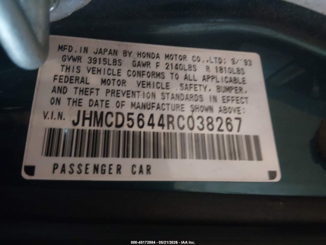 Aukcja sprzedaży 1994 Honda Accord Lx, vin: JHMCD5644RC038267, numer aukcji: 45172884