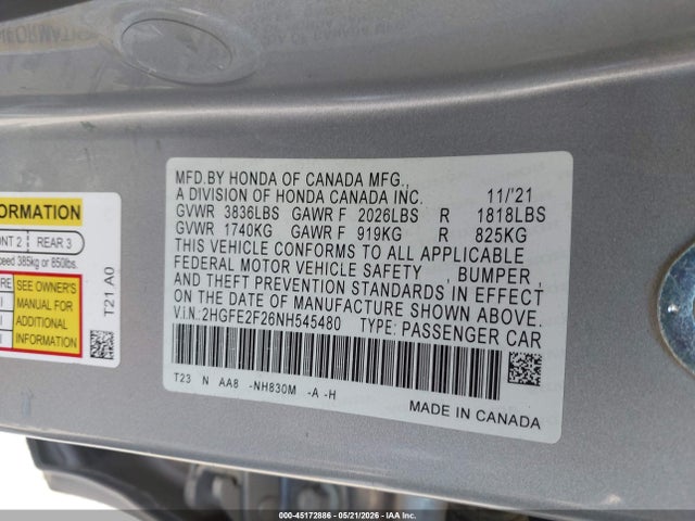 Honda Civic Lx 2022 2HGFE2F26NH545480 Image 9