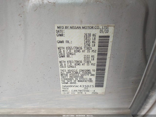Aukcja sprzedaży 2010 Nissan Frontier Se, vin: 1N6AD0EV5AC435025, numer aukcji: 45172894