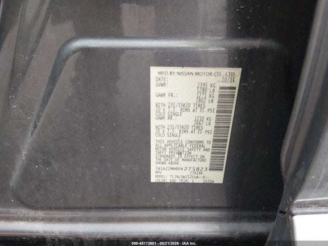 45172901 :رقم المزاد ، 5N1AZ2MH6FN275823 vin ، 2015 Nissan Murano Platinum مزاد بيع