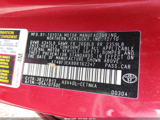 Aukcja sprzedaży 2011 Toyota Camry Le, vin: 4T4BF3EK8BR162247, numer aukcji: 45172905