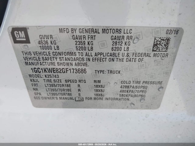 45172909 :رقم المزاد ، 1GC1KWE82GF173686 vin ، 2016 Chevrolet Silverado 2500hd Ltz مزاد بيع