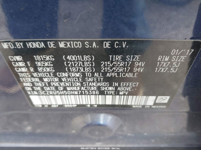 2017 Honda Hr-v Ex მანქანა იყიდება აუქციონზე, vin: 3CZRU5H50HM715386, აუქციონის ნომერი: 45172914