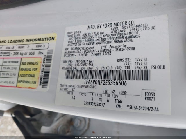 45172941 :رقم المزاد ، 1FA6P0H72E5356506 vin ، 2014 Ford Fusion Se مزاد بيع