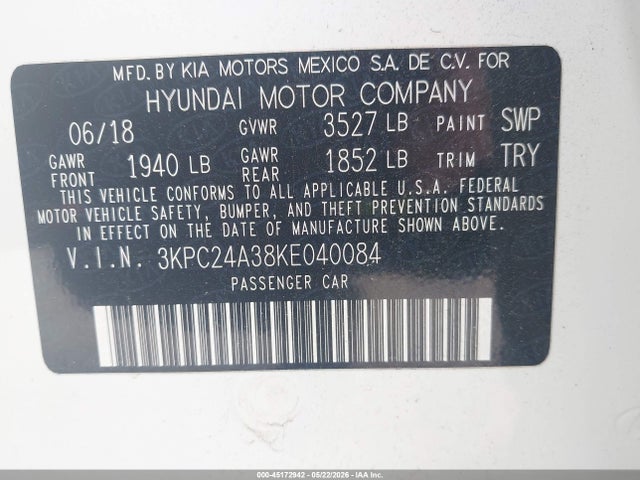 45172942 :رقم المزاد ، 3KPC24A38KE040084 vin ، 2019 Hyundai Accent Se مزاد بيع