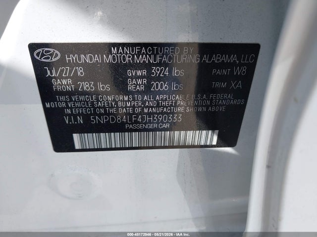 5NPD84LF4JH390333 Hyundai ELANTRA SEL