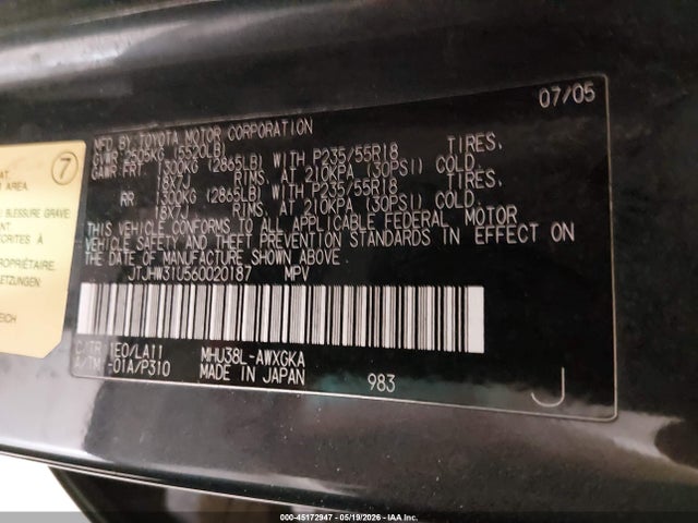 45172947 :رقم المزاد ، JTJHW31U560020187 vin ، 2006 Lexus Rx 400h مزاد بيع