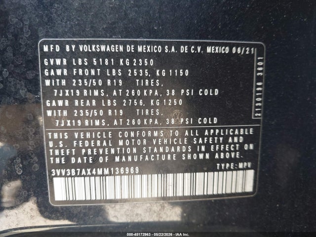 3VV3B7AX4MM136969 Volkswagen Tiguan 2.0t Se/2.0t Se R-line Black/2.0t Sel