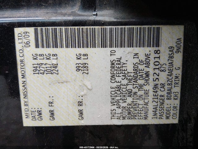 45172966 :رقم المزاد ، 1N4AL21E49N521018 vin ، 2009 Nissan Altima 2.5 S مزاد بيع