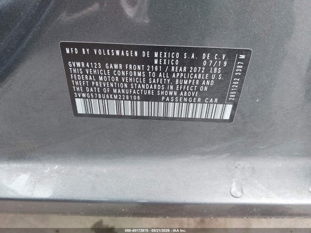 Aukcja sprzedaży 2019 Volkswagen Jetta 1.4t Sel Premium, vin: 3VWG57BU6KM228106, numer aukcji: 45172970