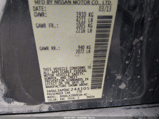 Продажа на аукционе авто 2013 Nissan Altima 2.5 Sl, vin: 1N4AL3AP0DC244105, номер лота: 45172971
