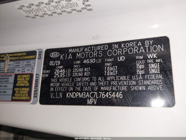 Продажа на аукционе авто 2020 Kia Sportage Lx, vin: KNDPM3AC7L7645446, номер лота: 45172972