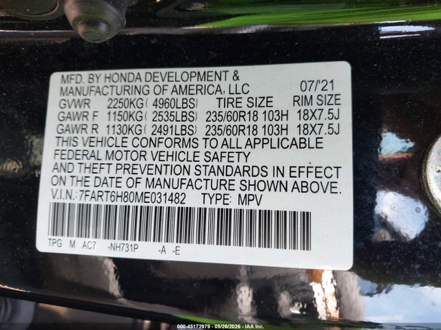 45172979 :رقم المزاد ، 7FART6H80ME031482 vin ، 2021 Honda Cr-v Hybrid Ex-l مزاد بيع