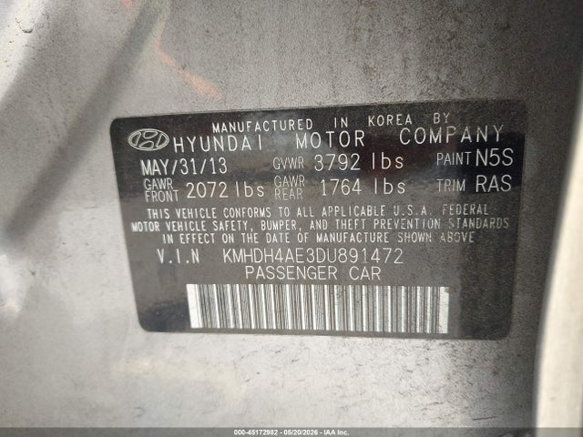 Продаж на аукціоні авто 2013 Hyundai Elantra Gls, vin: KMHDH4AE3DU891472, номер лоту: 45172982